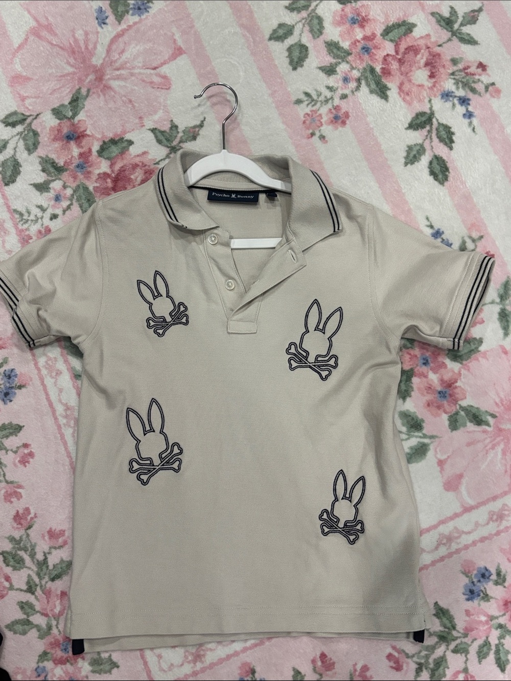 Boys Psycho Bunny Beige Polo with Navy Logo Embroidery